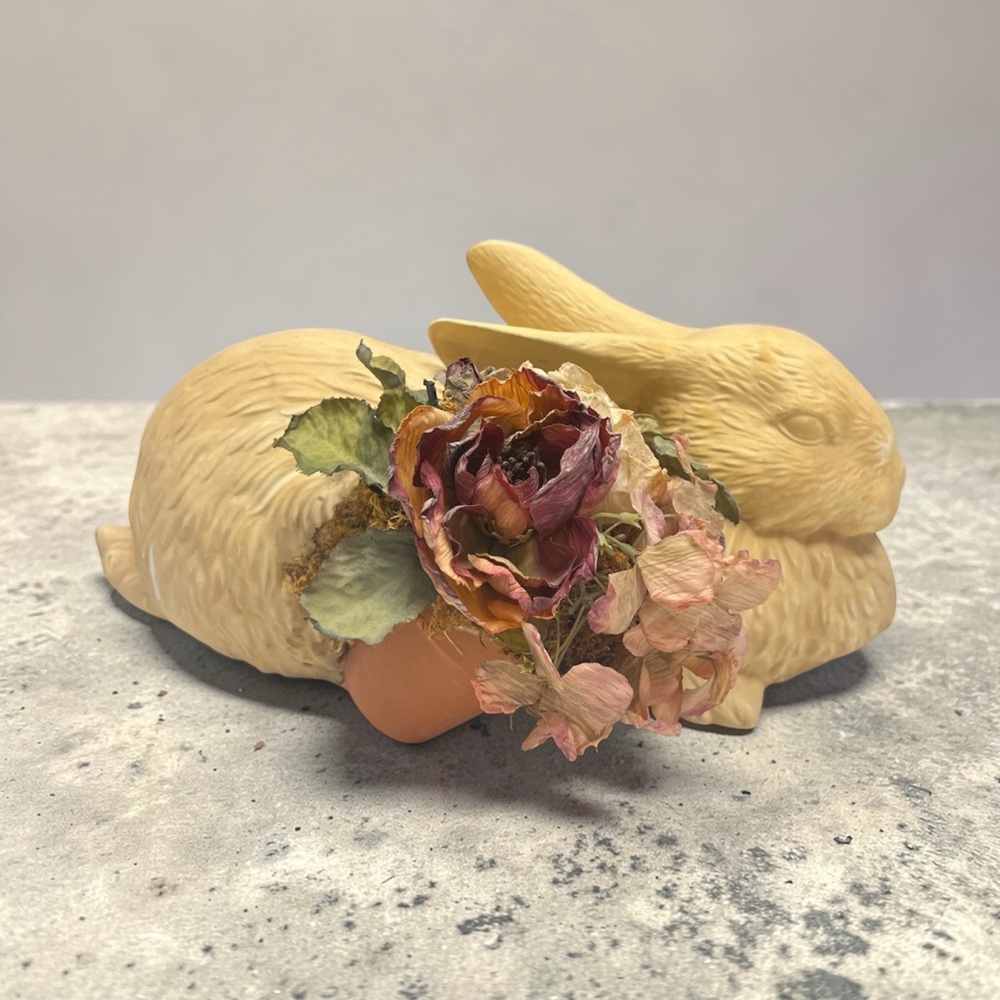 Neutral Ceramic Bunny Figurine with Pink and Green Dried Floral Accent